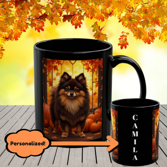 Chocolate & Tan Pomeranian fall coffee mug, personalized autumn gift for dog moms and dads
