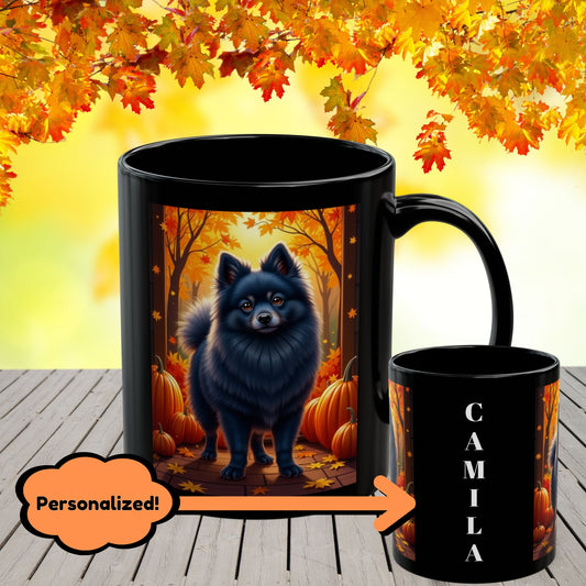 Blue Pomeranian custom autumn mug, personalized dog parent coffee cup for seasonal fall vibes