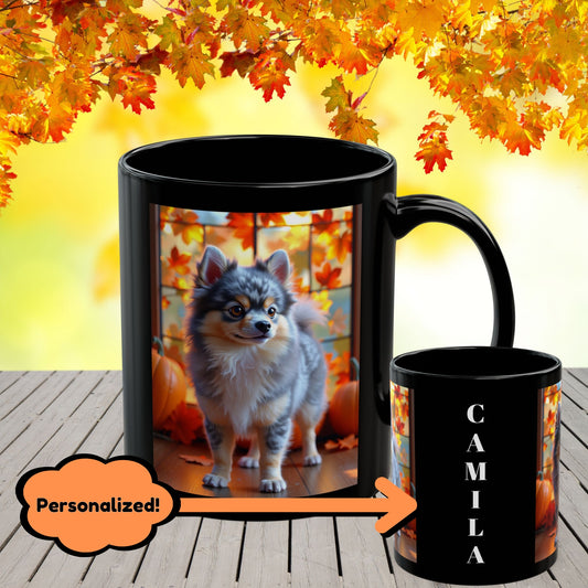Blue Merle & Tan Pomeranian fall coffee mug, personalized gift for dog lovers and cozy autumn days