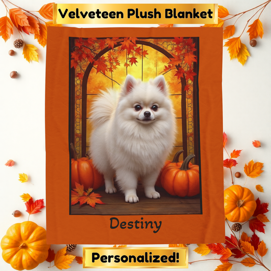 White Pomeranian velveteen plush blanket, fluffy cozy throw blanket gift for pet parents and dog lover home