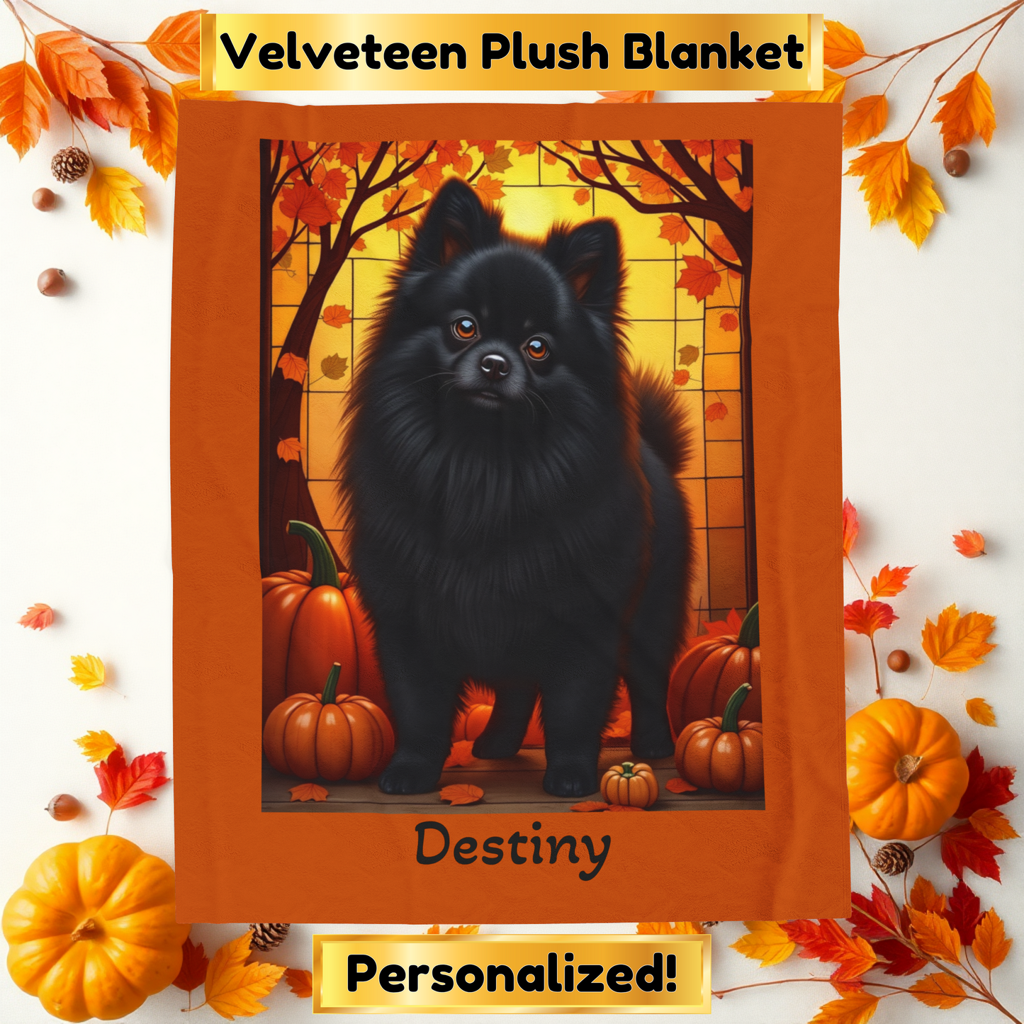 Pomeranian Black Coat Velveteen Plush Blanket, Cozy Dog Breed Throw Gift, Personalized
