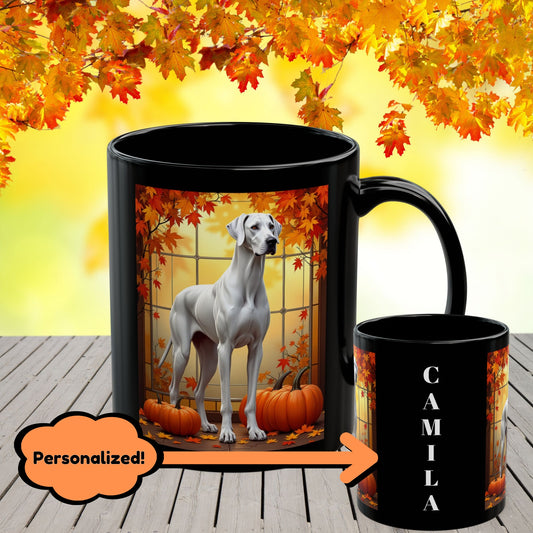 Great Dane White - Autumn coffee mug, custom dog lover cup, Great Dane gift for owners