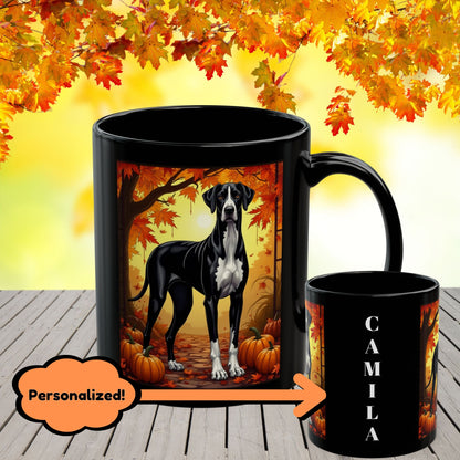 Great Dane Mantle - Autumn black mug, fall coffee cup for dog moms and seasonal Great Dane gift