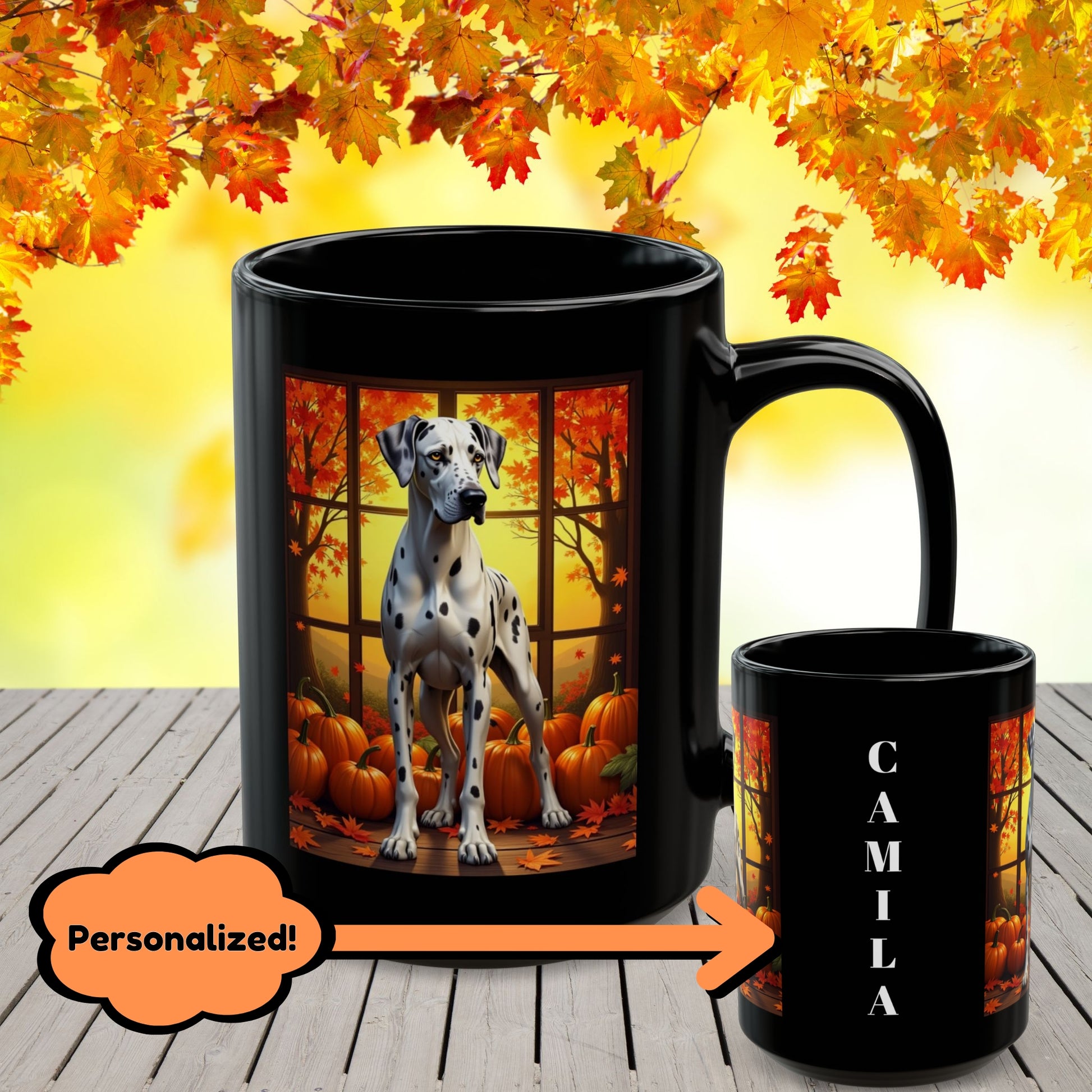 Great Dane Harlequin - Autumn mug, seasonal coffee cup for fall dog parents and Great Dane lovers