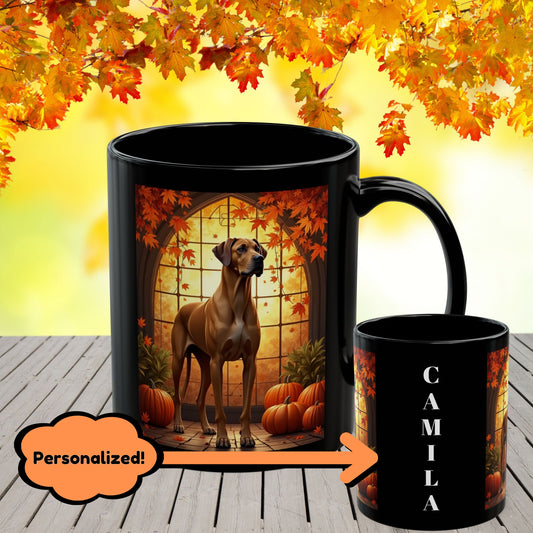Fawn Great Dane coffee mug with pumpkins and leaves, personalized fall coffee cup for dog lovers