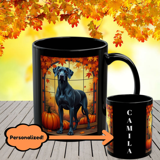 Great Dane Blue - Autumn black mug, seasonal dog mom and dad coffee gift for Great Dane fans