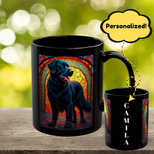 Black Golden Retriever personalized stained glass mug with custom dog name, unique gift for Golden lovers