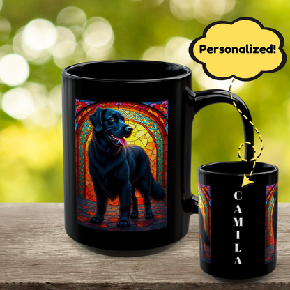 Black Golden Retriever personalized stained glass mug with custom dog name, unique gift for Golden lovers