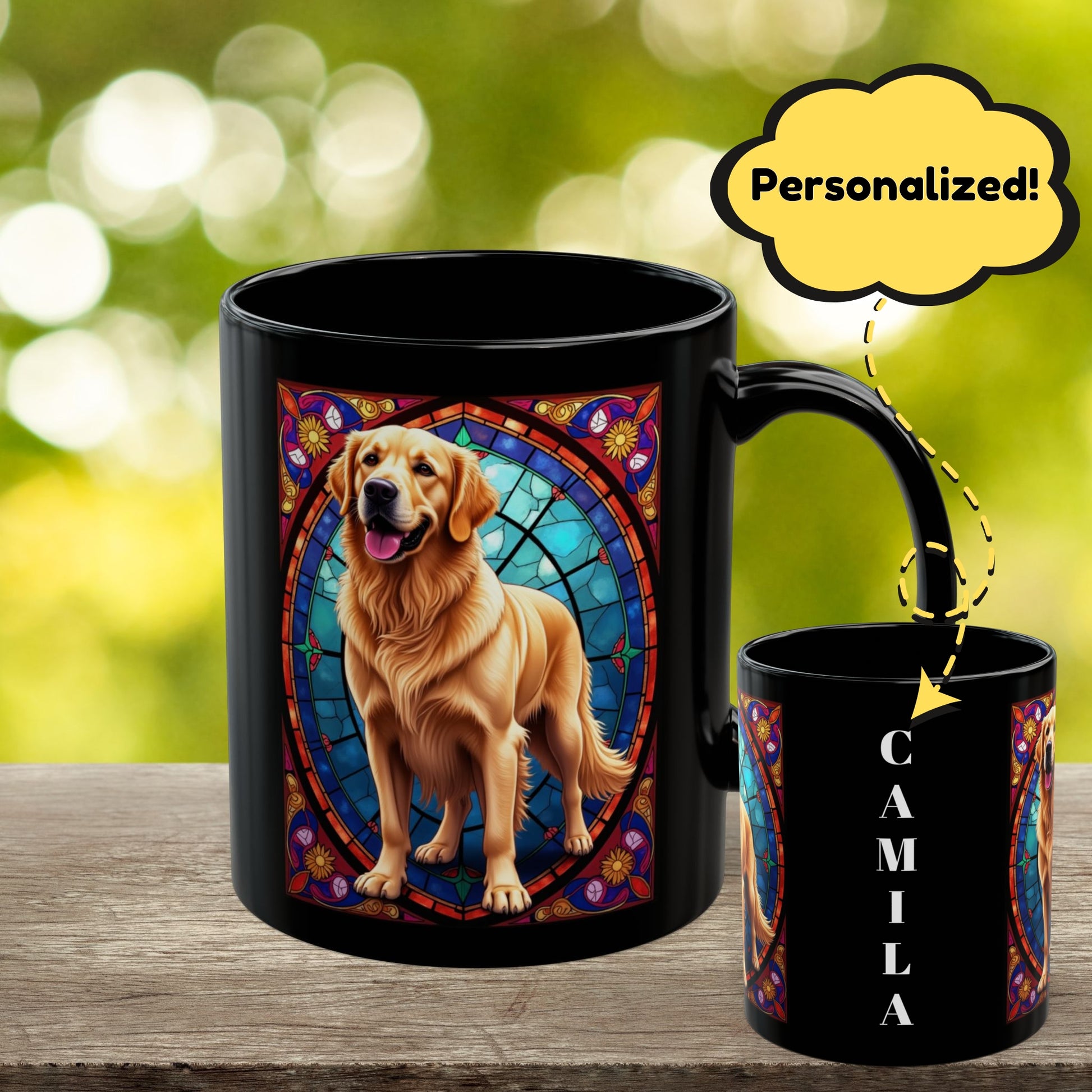 Classic Golden Retriever stained glass style coffee mug, customizable with dog name, perfect gift for pet parents