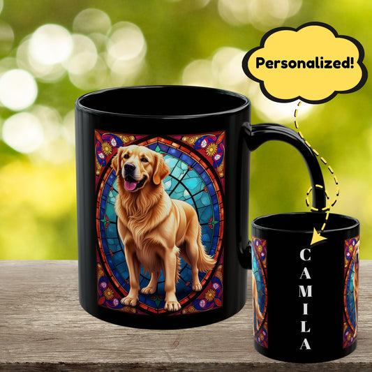 Classic Golden Retriever stained glass style coffee mug, customizable with dog name, perfect gift for pet parents