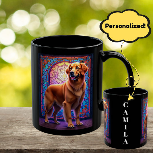 Dark Golden Retriever custom stained glass dog mug, personalized coffee cup for Golden Retriever owners