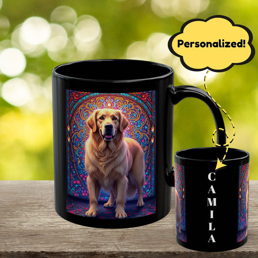 Light Cream Golden Retriever personalized stained glass design mug, custom dog lover gift idea