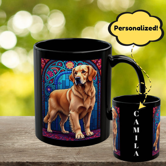 Light Golden Retriever stained glass style coffee mug, personalized dog name gift for Golden fans