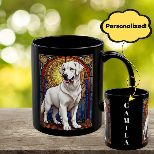 White Golden Retriever stained glass style personalized mug, custom coffee cup for Golden dog lovers