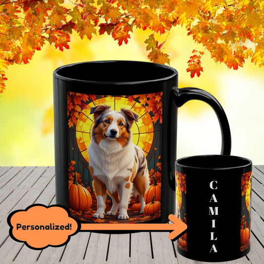 Australian Shepherd Red Merle - Autumn mug, personalized herding dog coffee cup for Aussie enthusiasts