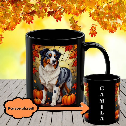 Australian Shepherd Blue Merle - Autumn black mug, personalized Aussie dog coffee cup for pet lovers