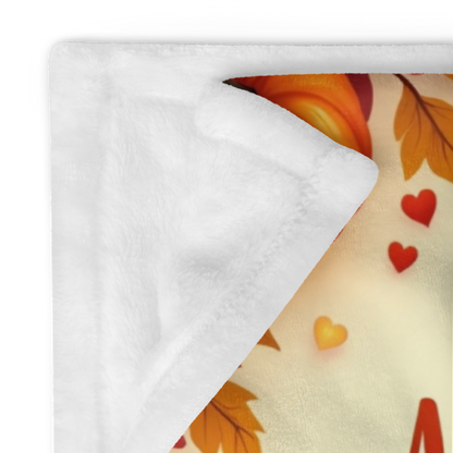 Thanksgiving blanket with “Autumn Peace & Thankful Hearts,” warm fall colors, peaceful cozy design.