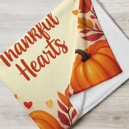 Thanksgiving blanket with “Autumn Peace & Thankful Hearts,” warm fall colors, peaceful cozy design.