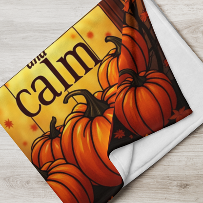 Velveteen blanket reading “Comfort, Cozy, and Calm,” relaxing fall self-care design in soft warm tones.