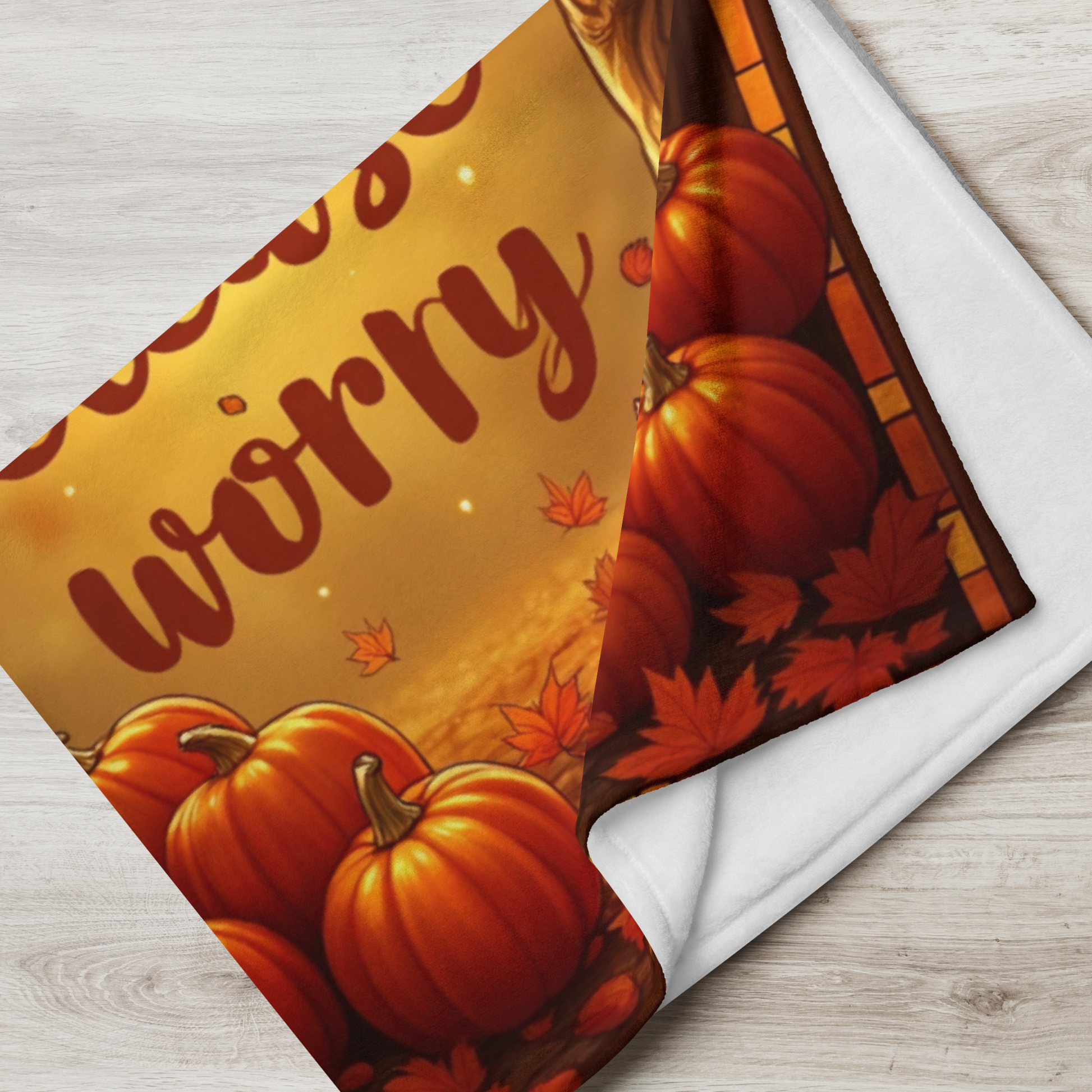 Cozy blanket with “Gather Love, Release Worry,” peaceful fall-themed design promoting calm and gratitude.