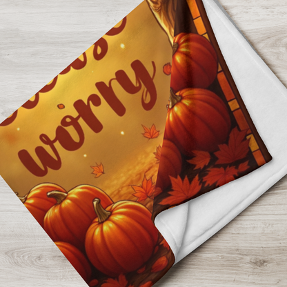 Cozy blanket with “Gather Love, Release Worry,” peaceful fall-themed design promoting calm and gratitude.