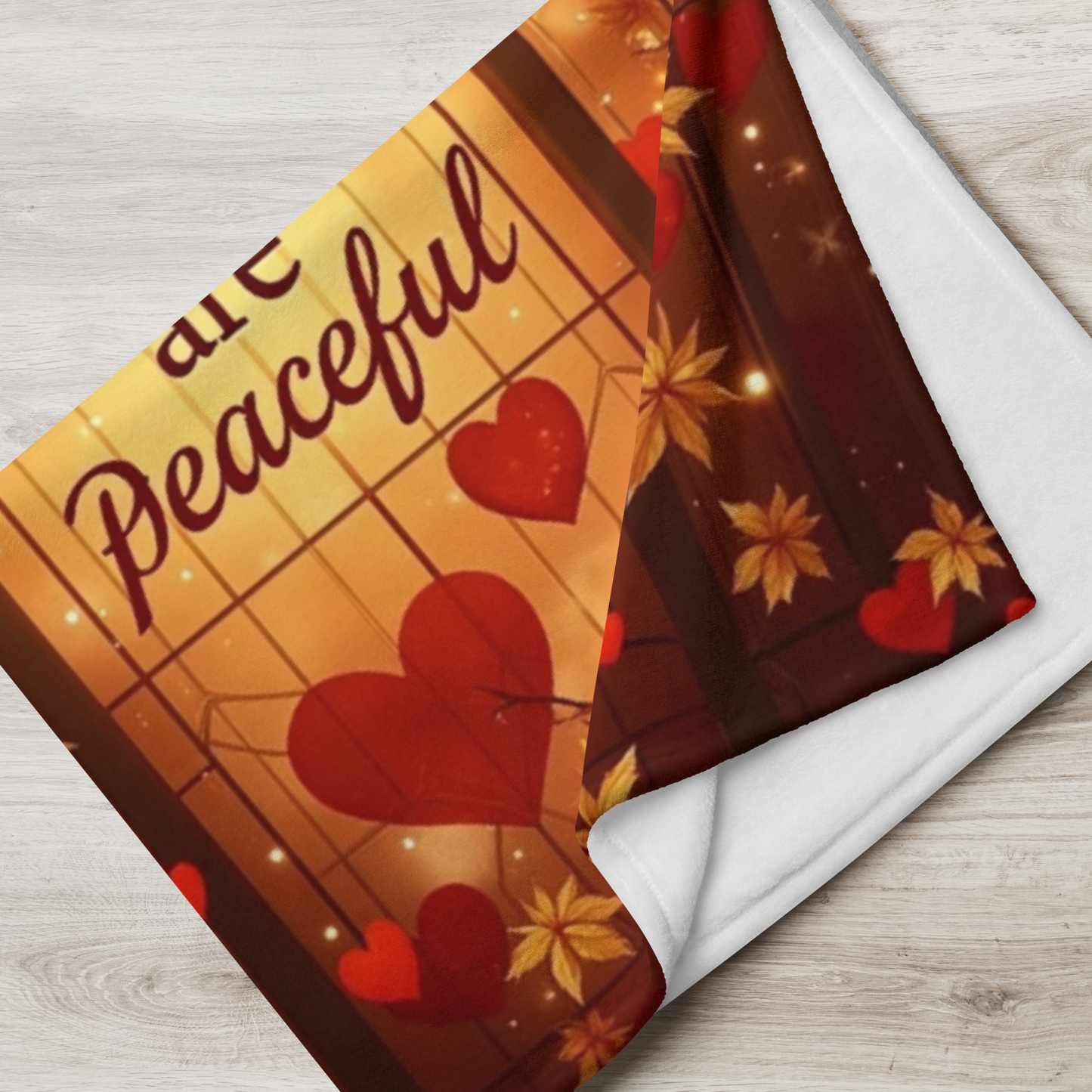 Warm blanket with “Grateful Hearts Are Peaceful,” Thanksgiving gratitude design in soft autumn hues.