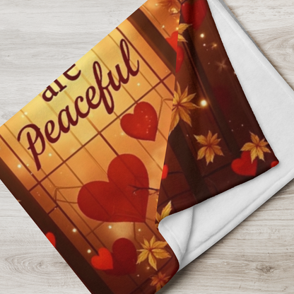 Warm blanket with “Grateful Hearts Are Peaceful,” Thanksgiving gratitude design in soft autumn hues.