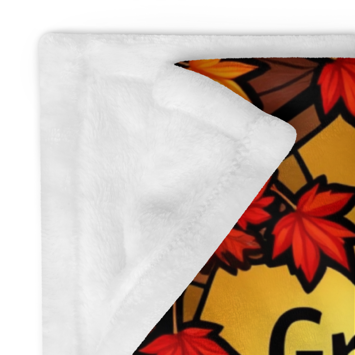 Thanksgiving blanket with “Grateful for Pie and Peace of Mind,” cheerful fall colors and cozy pie art.