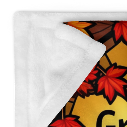 Thanksgiving blanket with “Grateful for Pie and Peace of Mind,” cheerful fall colors and cozy pie art.