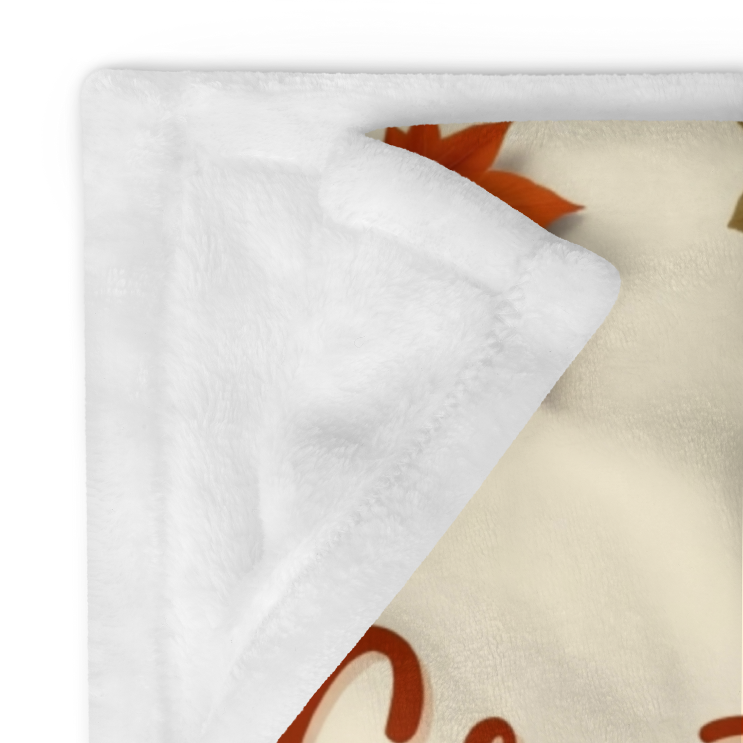 Cozy blanket reading “Gratitude Heals the Heart,” autumn mindfulness design promoting warmth and peace.