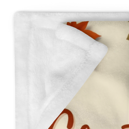 Cozy blanket reading “Gratitude Heals the Heart,” autumn mindfulness design promoting warmth and peace.
