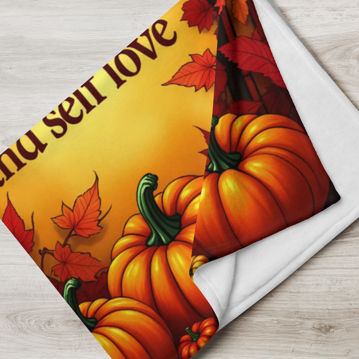 Inspirational blanket with “Harvest Hope, Joy, and Self-Love,” cozy Thanksgiving mindfulness design.