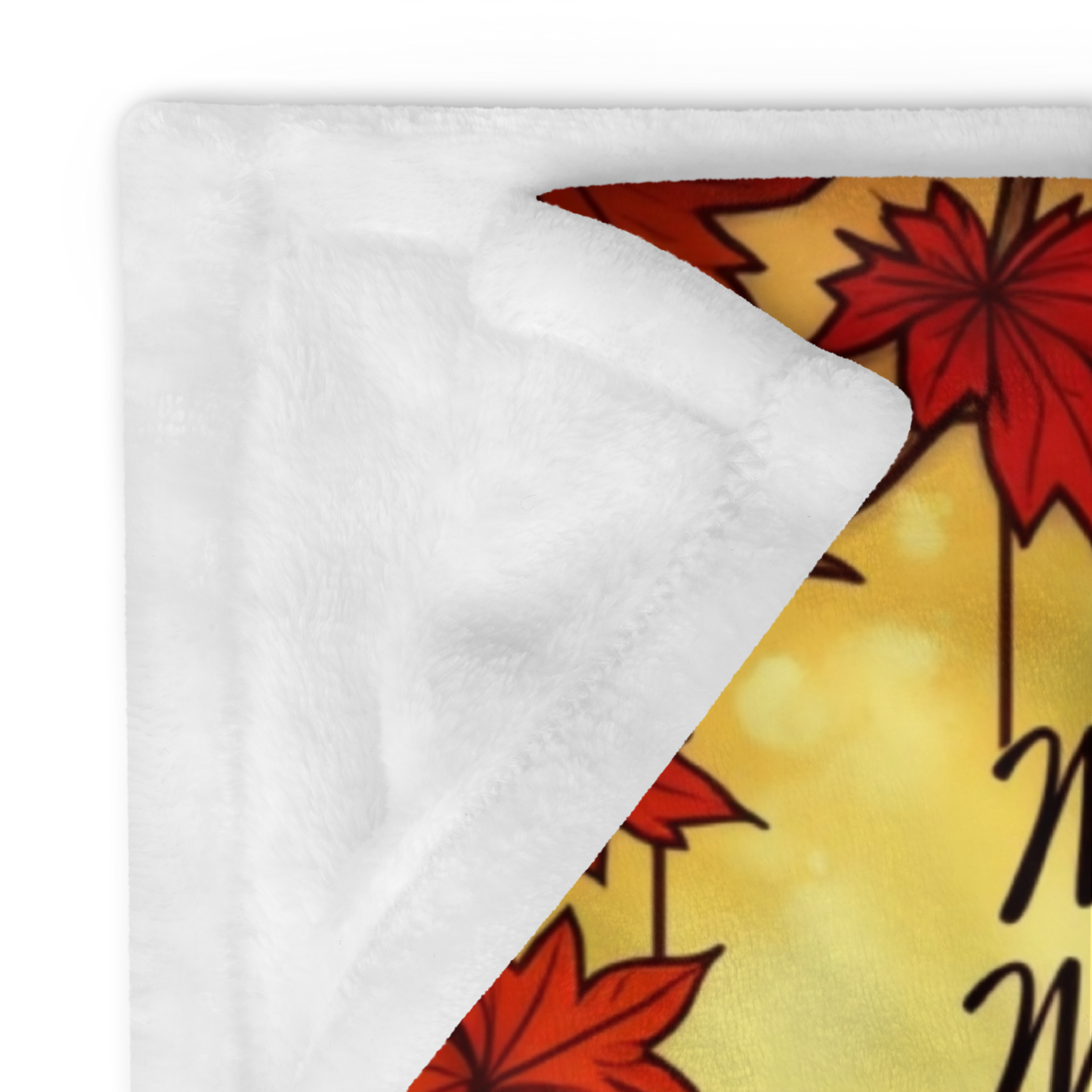 Cozy blanket with “Mindful Moments, Thankful Heart,” autumn mindfulness theme in warm orange and red.