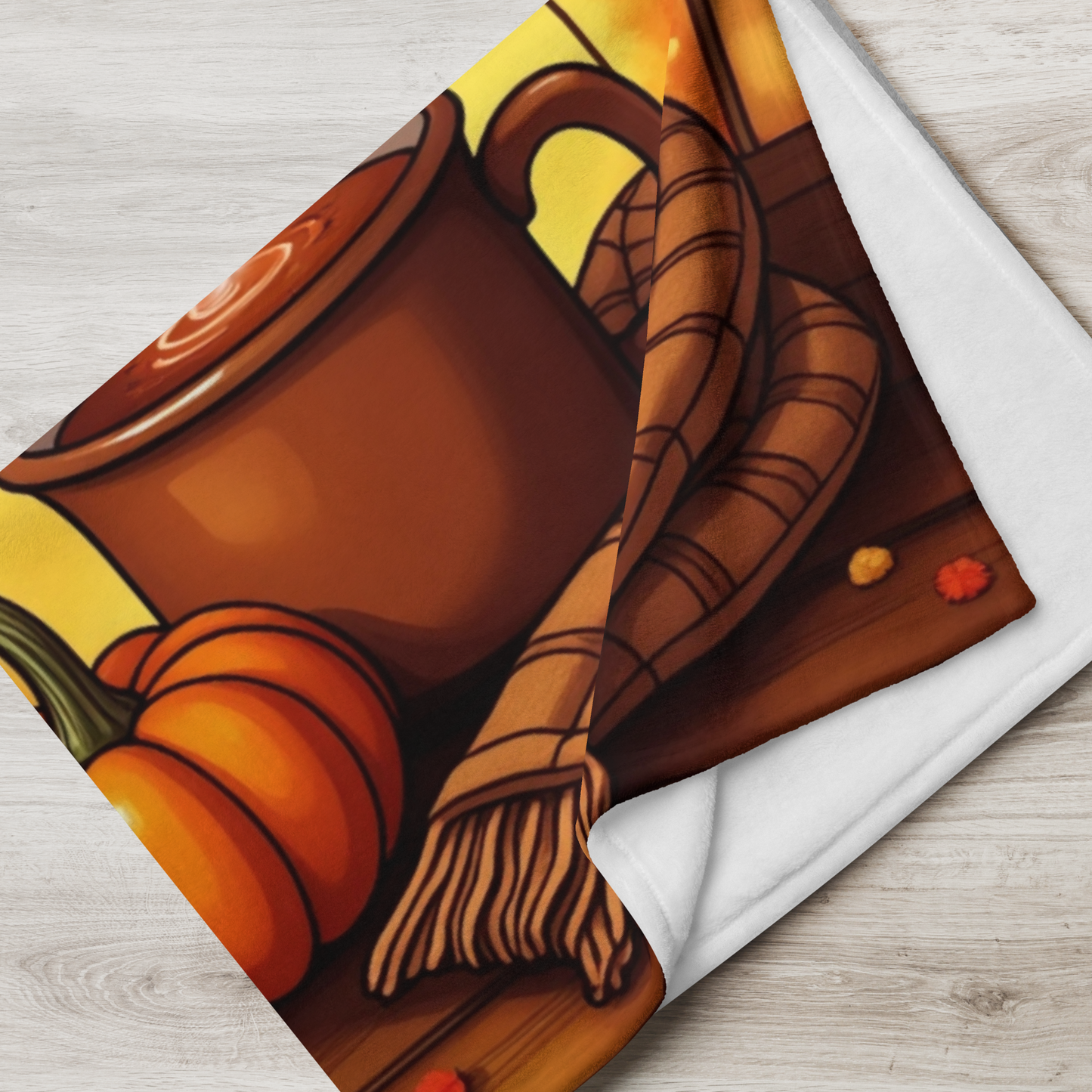 Cozy blanket with “Mindful Moments, Thankful Heart,” autumn mindfulness theme in warm orange and red.