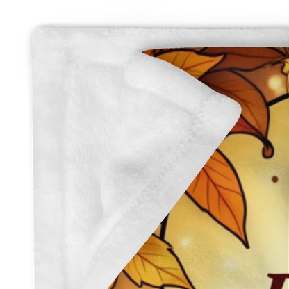 Thanksgiving mindfulness blanket with “Pause, Breathe, and Give Thanks,” cozy calming fall design.