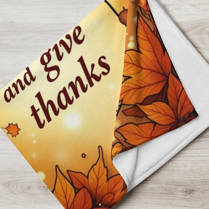Thanksgiving mindfulness blanket with “Pause, Breathe, and Give Thanks,” cozy calming fall design.