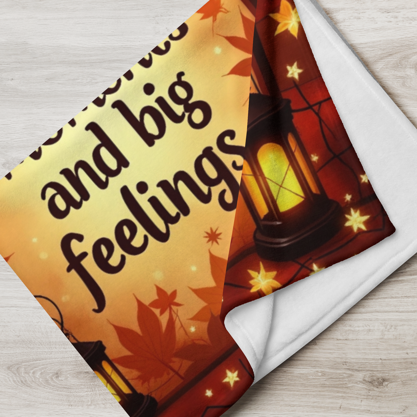Cozy fall blanket with “Thankful for Small Moments and Big Feelings,” mindfulness-inspired design.