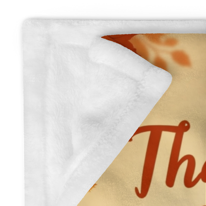 Funny cozy blanket with “Thankful, Caffeinated, and Calm,” playful Thanksgiving coffee theme.