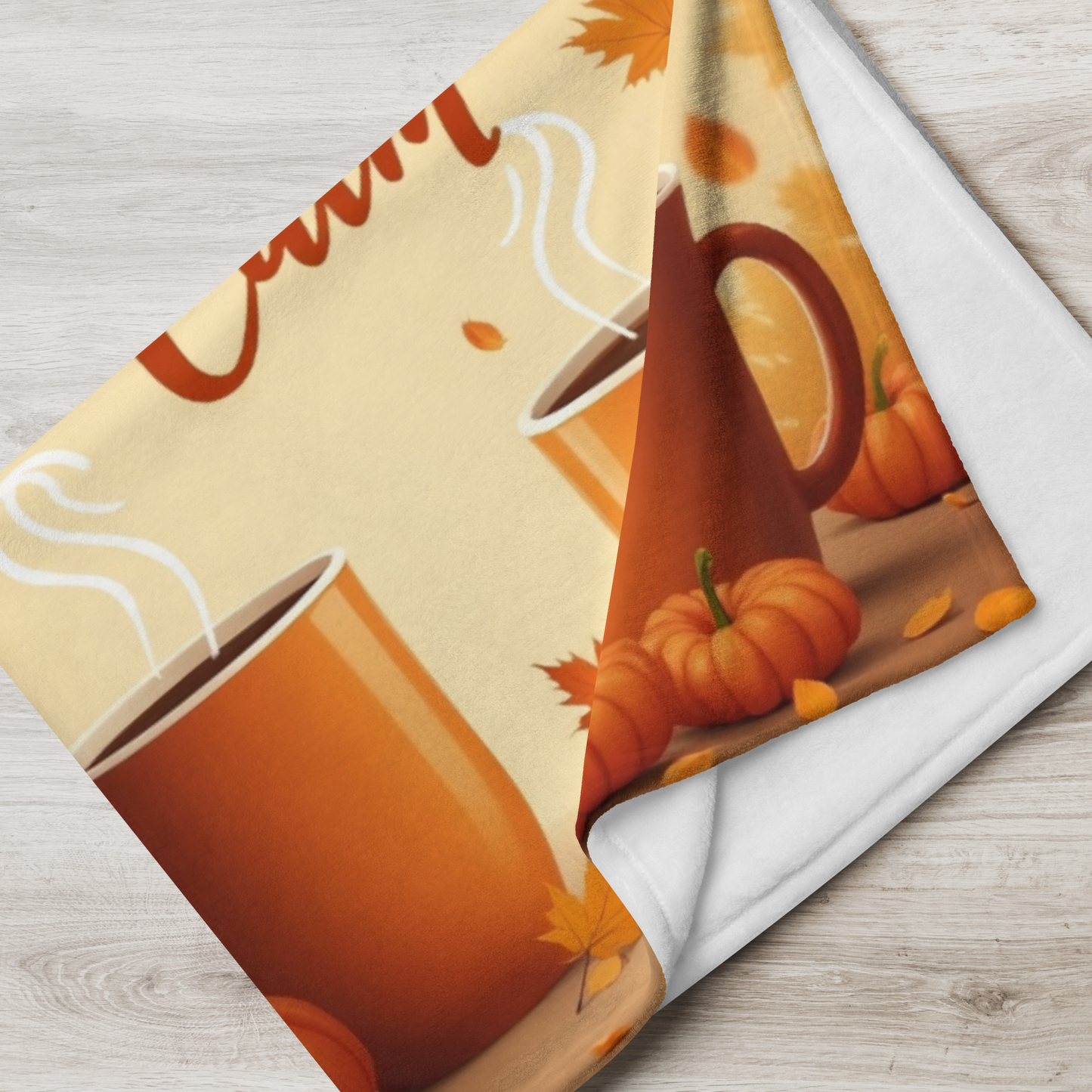 Funny cozy blanket with “Thankful, Caffeinated, and Calm,” playful Thanksgiving coffee theme.
