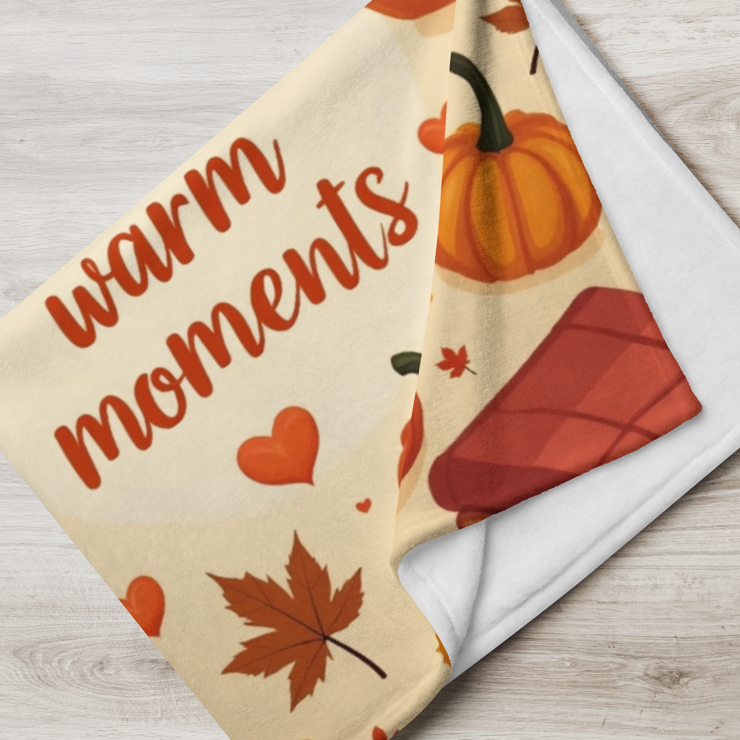 Thanksgiving blanket reading “Thankful Hearts, Warm Moments,” cozy autumn gratitude design.