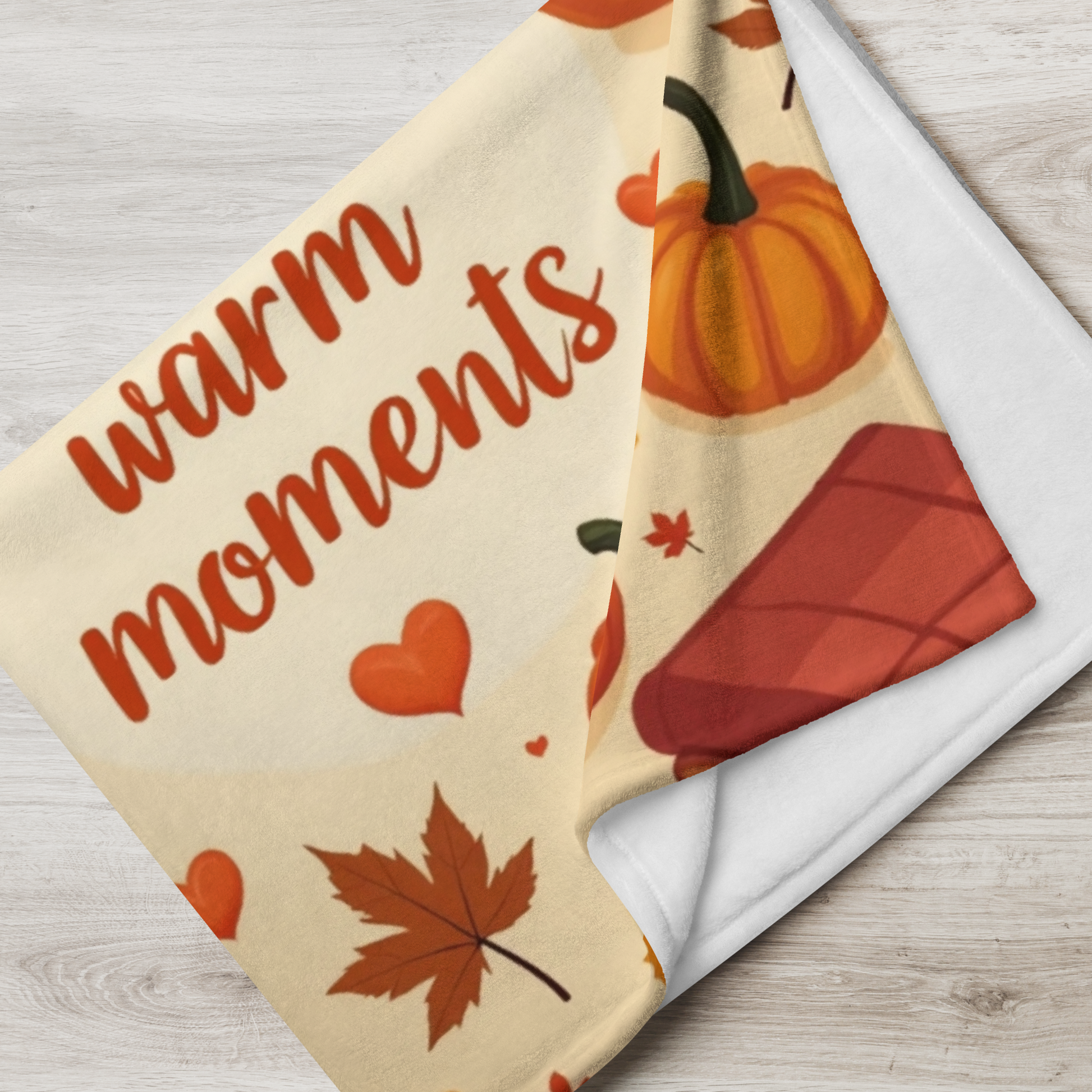 Thanksgiving blanket reading “Thankful Hearts, Warm Moments,” cozy autumn gratitude design.