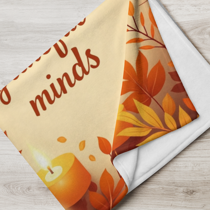 Cozy fall blanket with “Warm Hearts, Grateful Minds,” mindfulness-inspired autumn home décor.