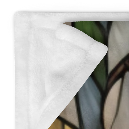 A cozy stained glass bear blanket featuring vibrant wildlife art for warmth and relaxation.
