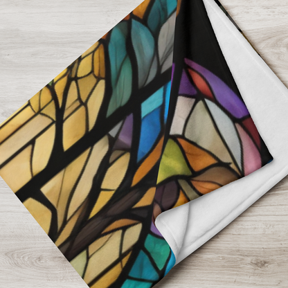 A cozy stained glass bear blanket featuring vibrant wildlife art for warmth and relaxation.