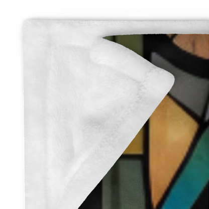 A cozy kangaroo blanket with stained glass-style background that radiates warmth and calm.