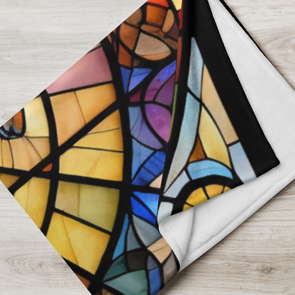 A cozy kangaroo blanket with stained glass-style background that radiates warmth and calm.