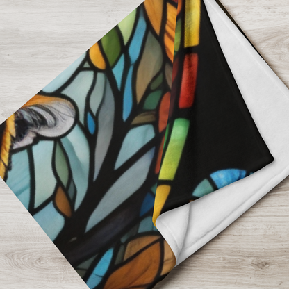 A fierce tiger blanket with stained glass-style art that combines power, color, and coziness.