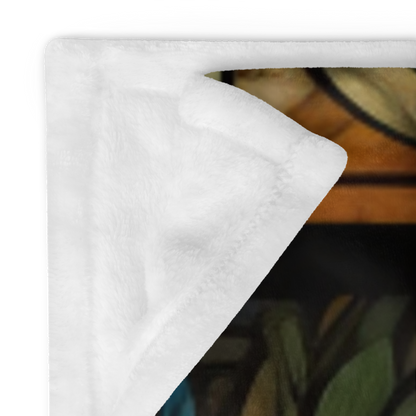 A mystical wolf blanket featuring stained glass-style artwork for serenity and warmth.