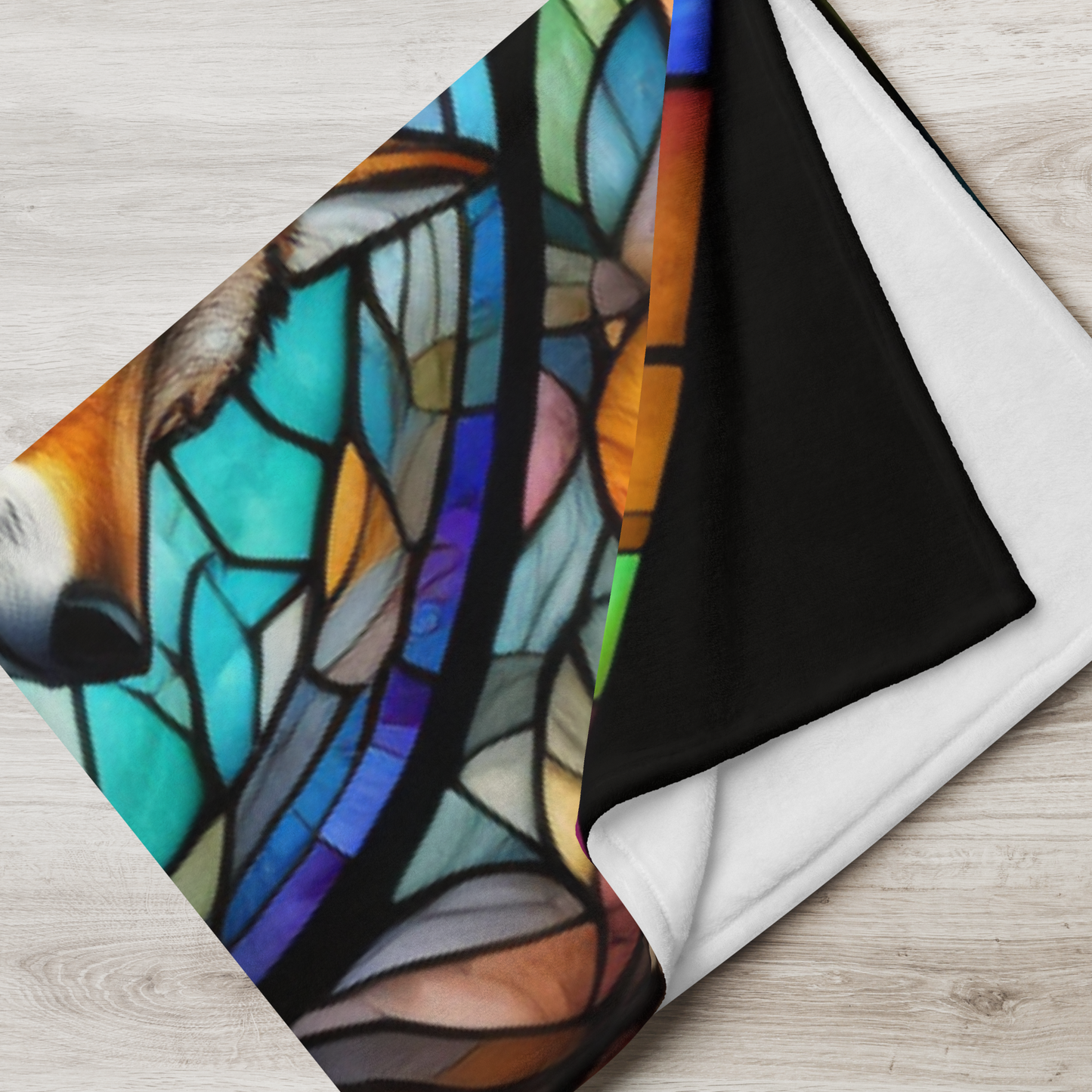A mystical wolf blanket featuring stained glass-style artwork for serenity and warmth.