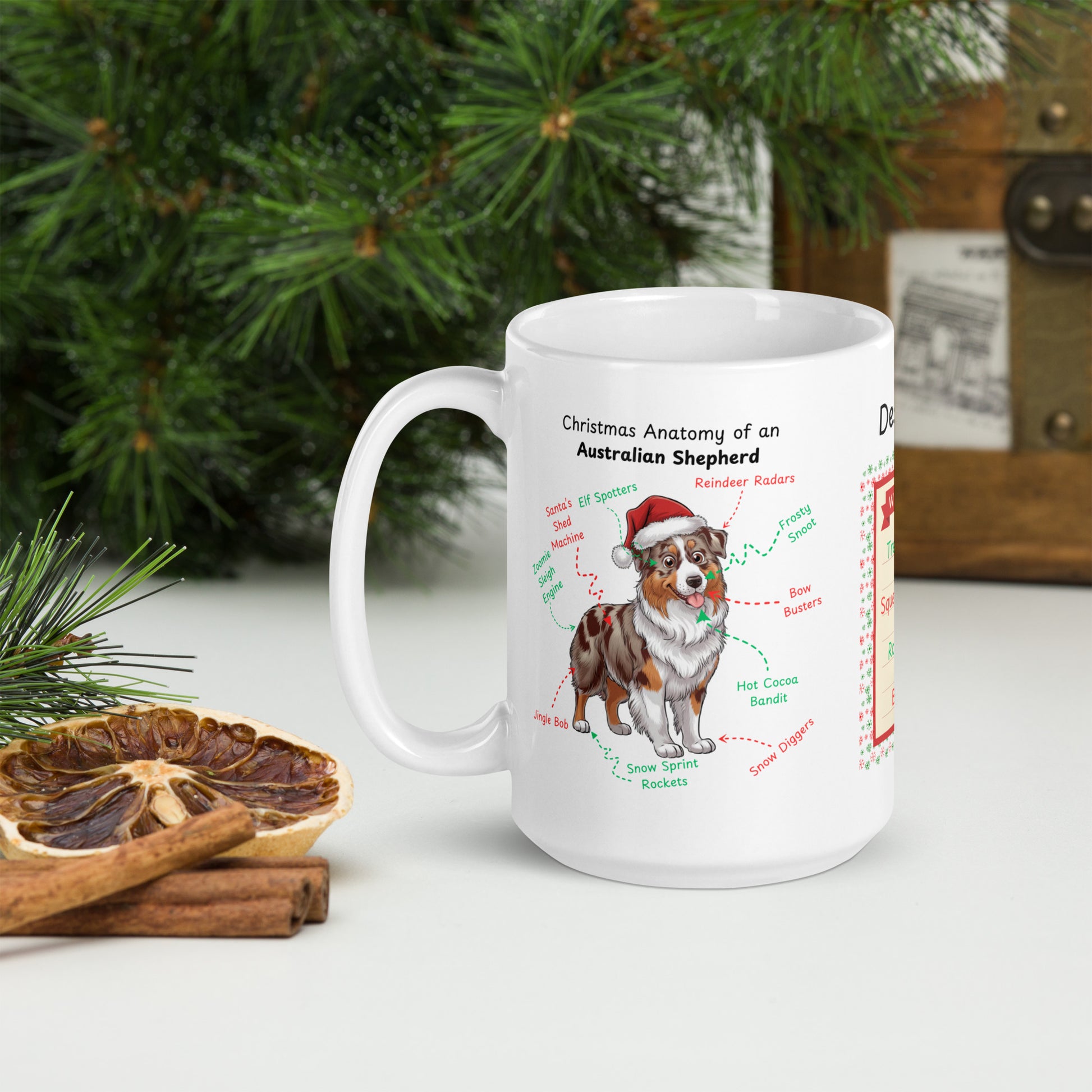 Red Merle Australian Shepherd dog anatomy Christmas mug, personalized festive coffee cup